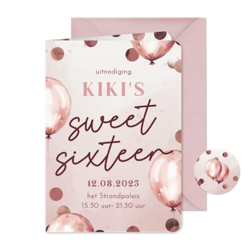 Uitnodiging sweet sixteen roze ballonnen en confetti